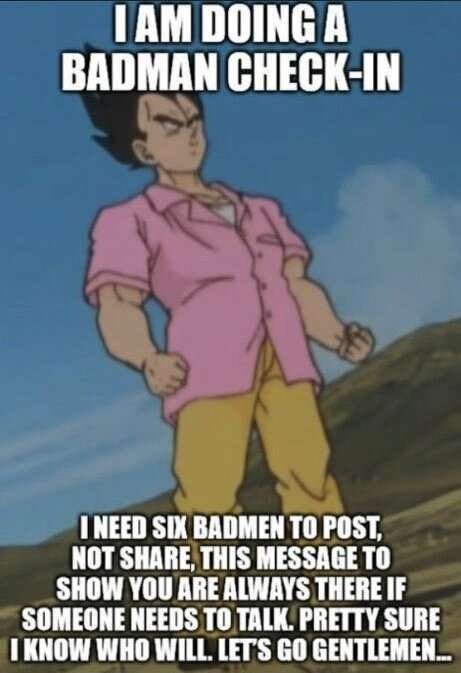 Vegeta from Dragon Ball Z: I am doing a badman check-in. I need six badmen to post, not share, this message to show you are always there if someone neds to talk. Pretty Sure I know who will. Let’s go gentlemen…