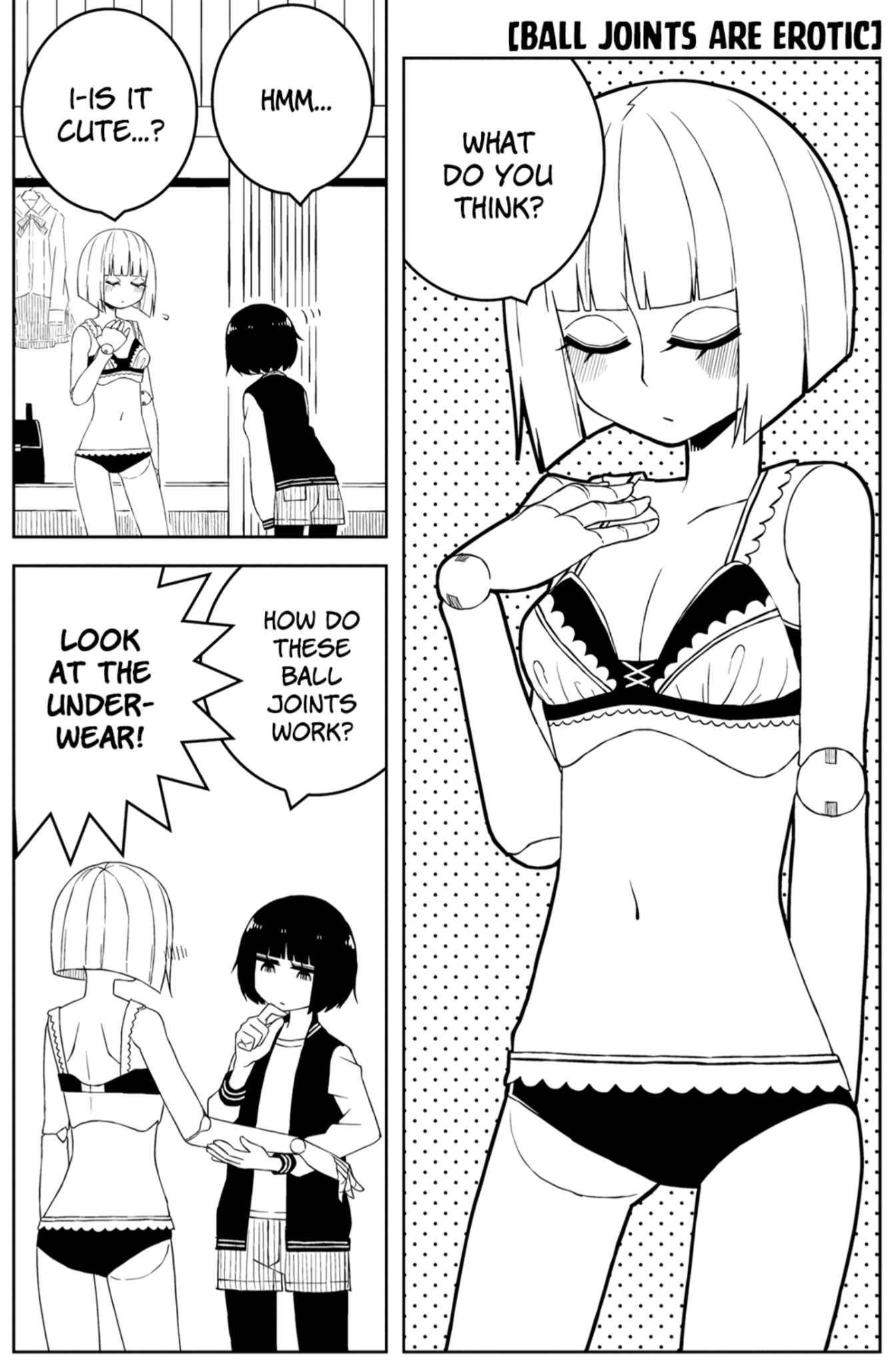 A comic titled “Ball Joints Are Erotic” showing a living mannequin modelling underwear to a woman, who, to the consternation of the doll, is more interested in her ball joins than the lingerie.
