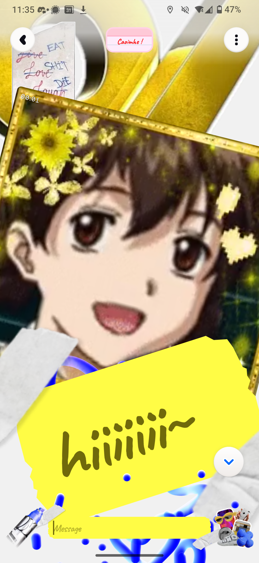 A chat featuring various elements overlapping messily, with Nanao from Robot Alchemic Drive on top with text saying “hiiiiiii~”
