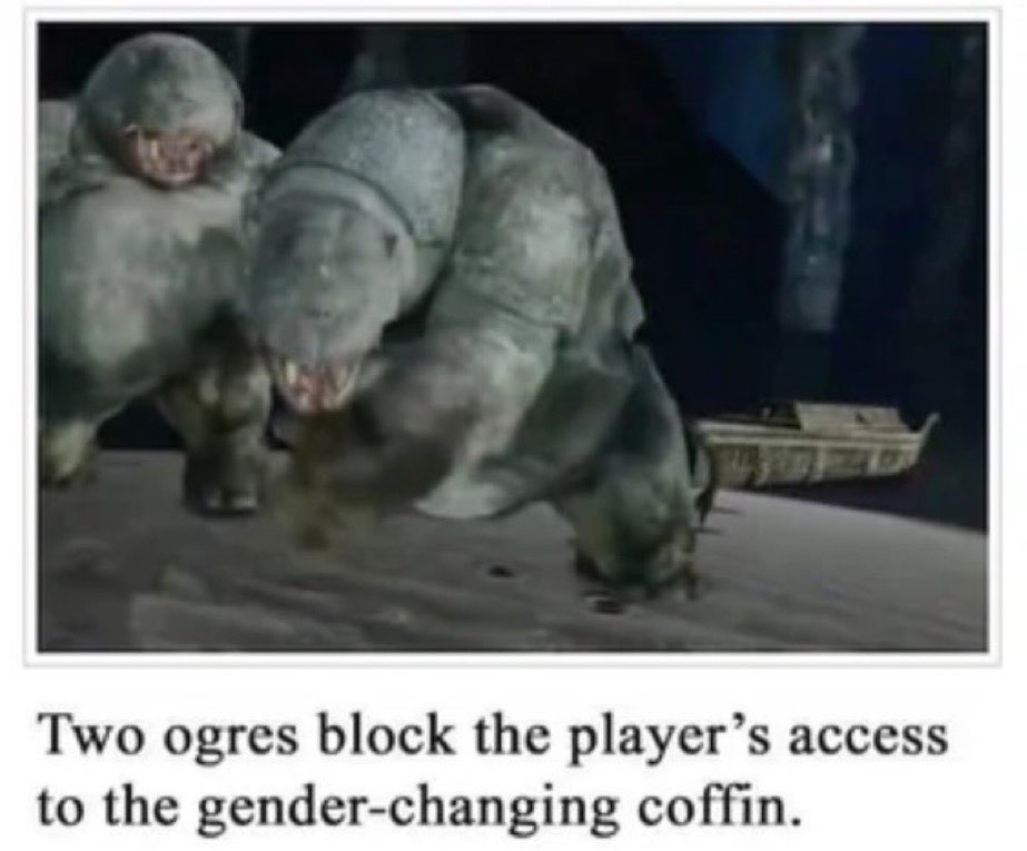 A screenshot of Dark Souls 2 captioned “Two ogres block the player’s access to the gender-changing coffin.”