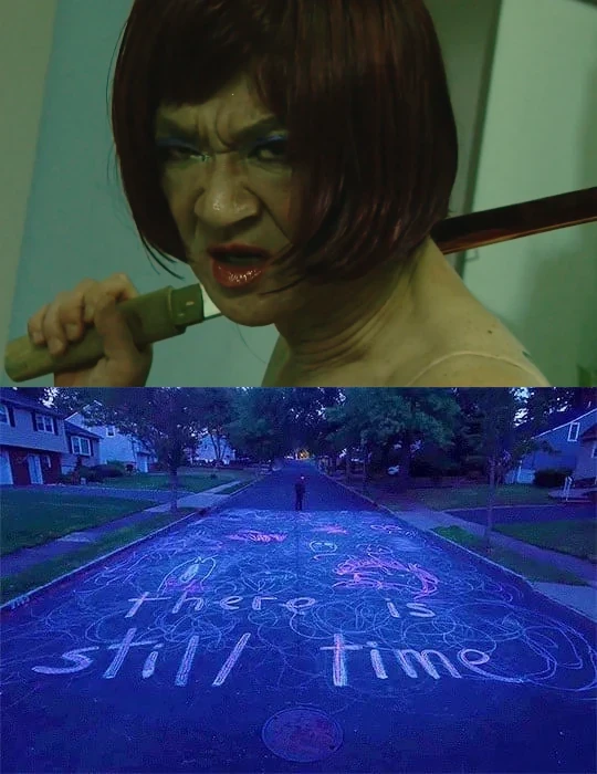 Ryu from The Clan’s Heir Is a Trans Woman with a bob wig and makeup, holding a blood-soaked sword. Underneath is the message “there is still time” from I Saw the TV Glow.