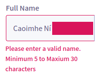 A form with an error calling my legal name invalid.