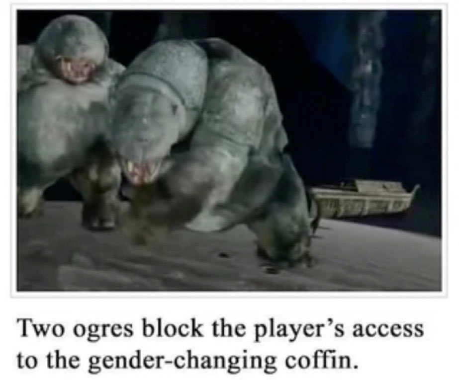 A screenshot of Dark Souls 2 captioned “Two ogres block the player’s access to the gender-changing coffin.”