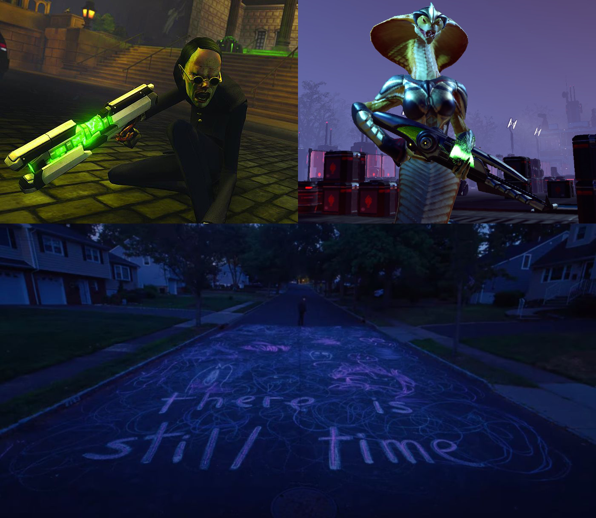 Three images: A Thin Man from XCOM: Enemy Unknown, a Viper from XCOM 2 and the chalk message “there is still time” from I Saw the TV Glow.