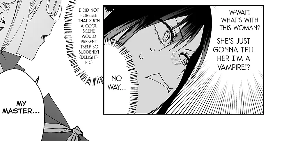 A comic. A vampire with black hair thinks that her blonde servant is going to announce to someone else that she is a vampire.