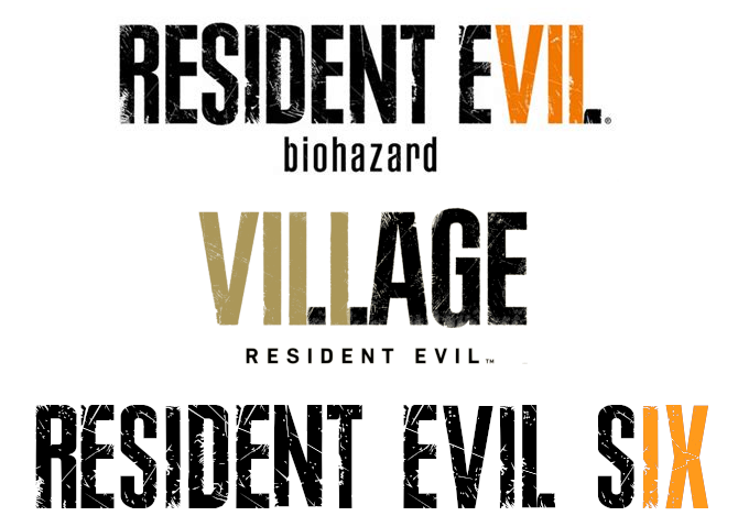 A series of logos for Resident Evil games with parts of them highlighted to spell out the numeral for that entry. Resident Evil: Biozhazard with the V-I-L highlighted to make a roman numeral 7. Resident Evil: Village with the V-I-L-L highlighted to make an 8. Resident Evil: Six with the I-X highlighted to make a 9.
