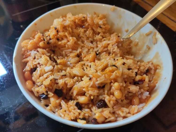 Rice, baked beans and Lao Gan Ma