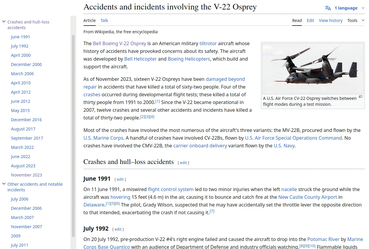 A screenshot of the Wikipedia article for “Accidents and incidents involving the V-22 Osprey” show accidents from 1991 to 2023.