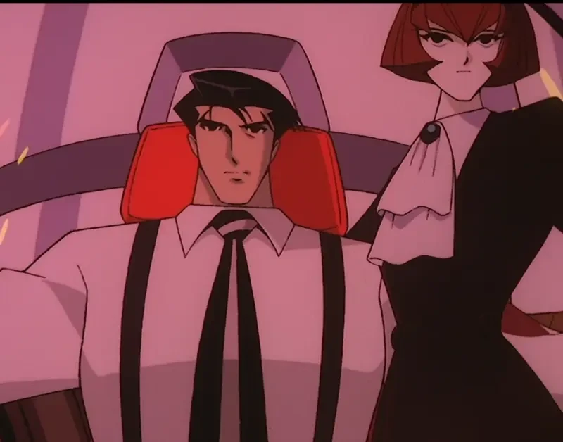 A still from episode 13 of The Big O which was cel animated. Roger and Dorothy sit in Big O’s cockpit.