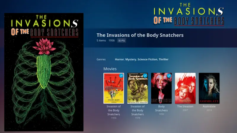 A collection of the film adaptations of The Body Snatchers collected under a logo reading “The Invasions of the Body Snatchers” that has different words in the styles of the logos of the various movies.