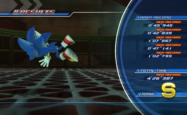 Results screen of Sonic Unleashed for the Wii showing a time of 4’26” for Eggmanland. Sonic is mid animation and is in the air, horizontal and facing away from the camera. It looks silly.