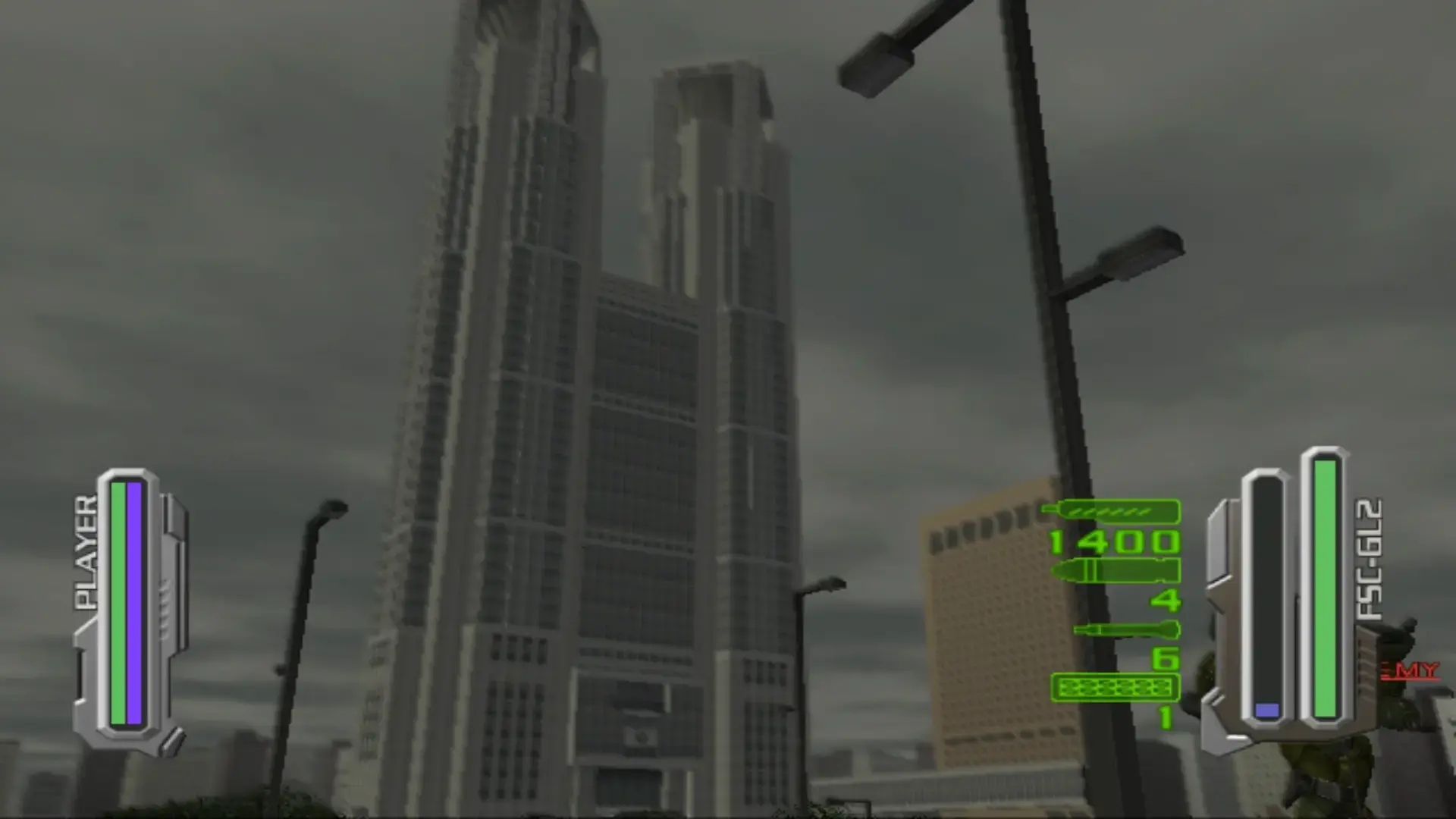 A gameplay screenshot of Robot Alchemic Drive, showing the Tokyo Metropolitan Government Building.