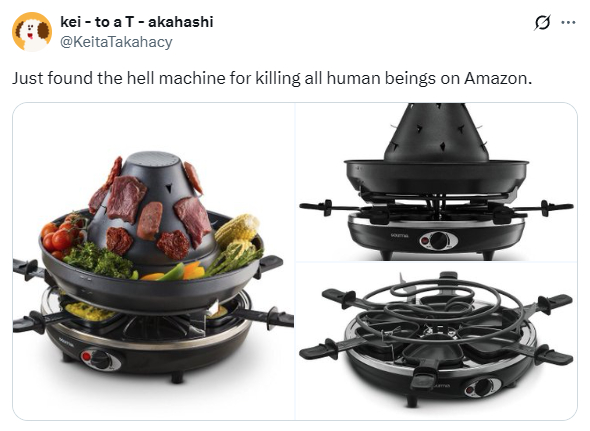 A tweet from Takahashi: “Just found the hell machine for killing all human beings on Amazon.” with pictures attached of a fucked up and evil-looking conical barbecue.