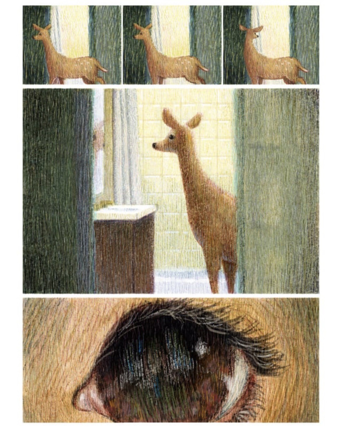 The deer stairs at itself in the bathroom mirror, gazing into its own eye.