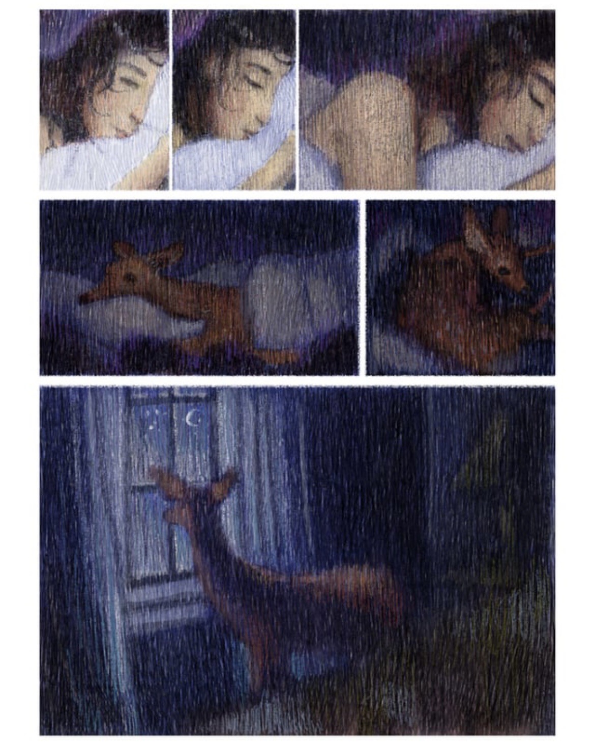 The woman falls asleep, the deer gets up and stairs out the window.
