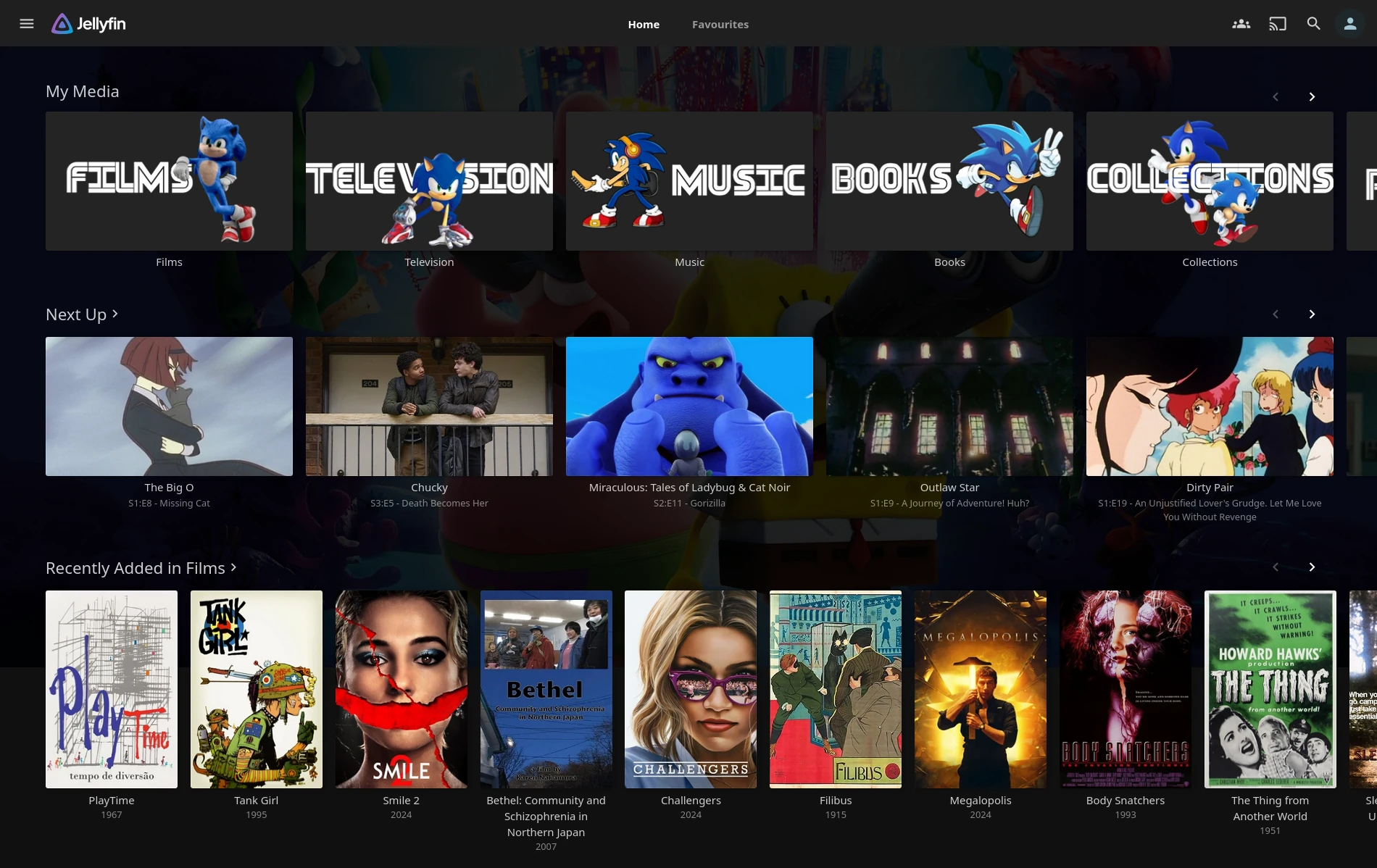My Jellyfin server where all the categories at the top for films, television, music, etc. all feature different versions of Sonic the Hedgehog.
