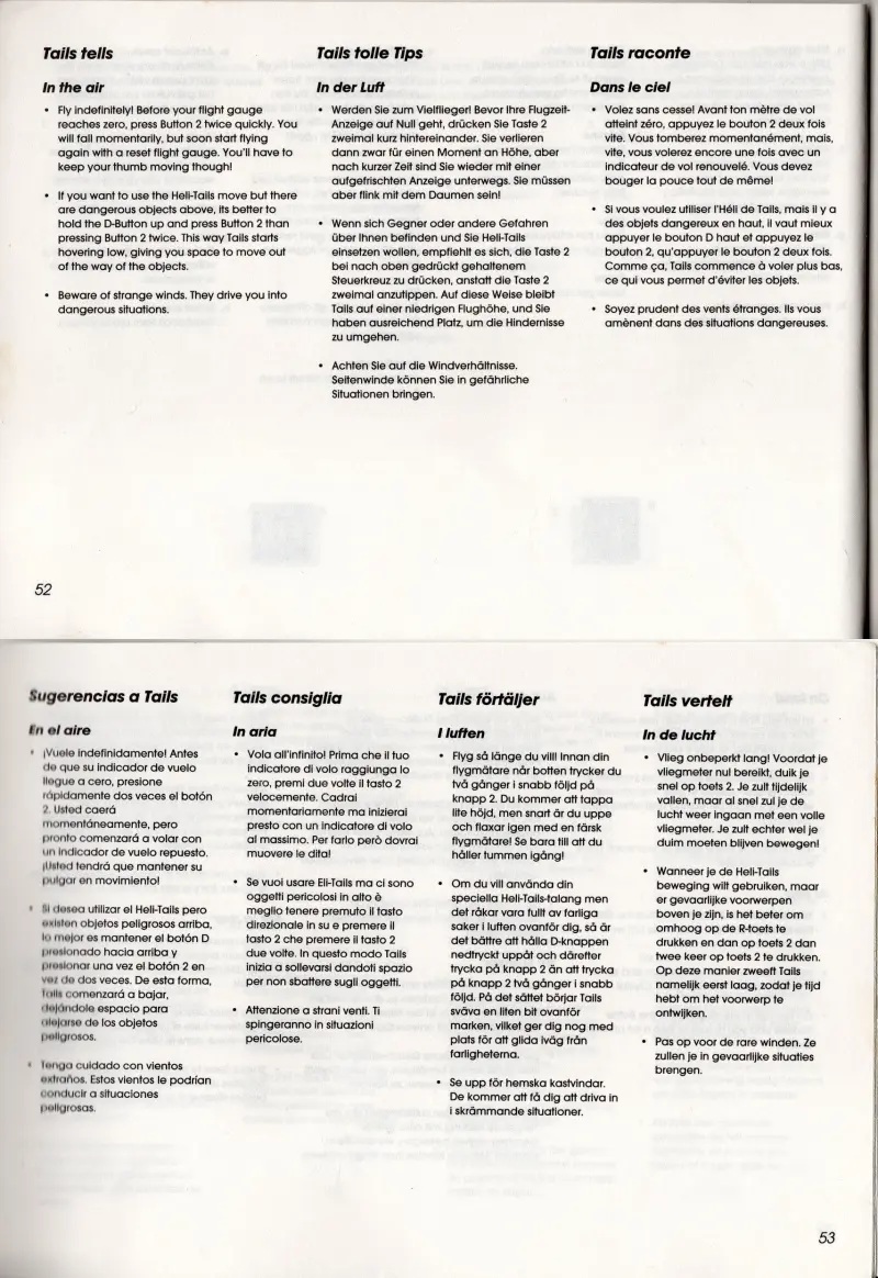 The tips page from the Tails’ Adventure manual in seven languages. Amusingly it describes an exploit for indefinite flight.