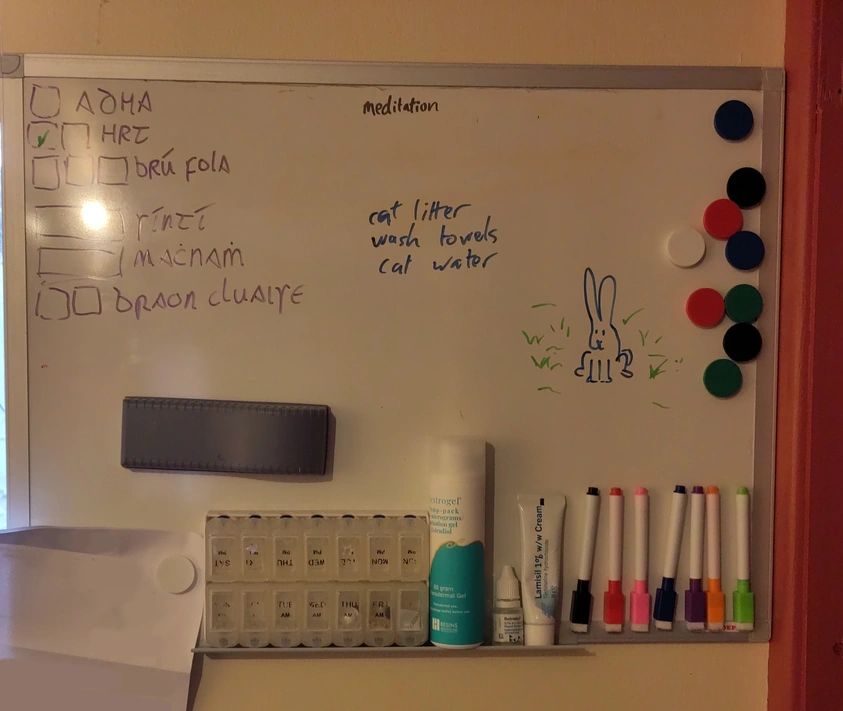A whiteboard with some checklists and tasks drawn on it, as well as a picture of a rabbit.