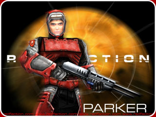 Promo art of Parker from Red Faction in his red sci-fi mining armour.