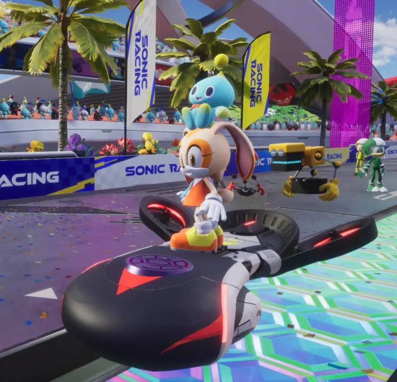 Cream on a black hoverboard with red detailing resembling the streaks on Shadow the Hedgehog’s fur. Towards the back there’s a yellow shape very roughly like a Chaos Emerald.