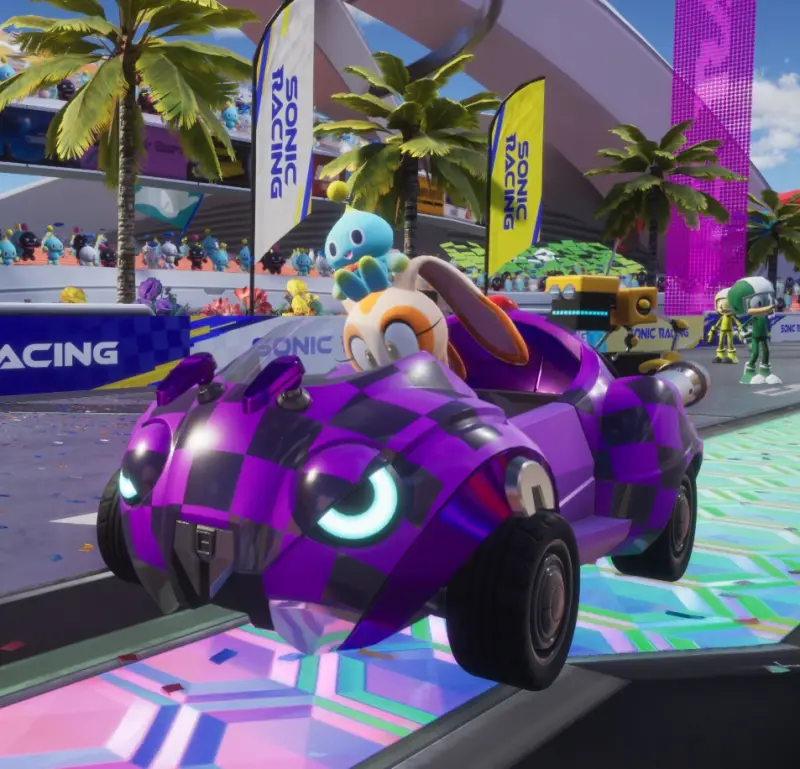 Cream in a motobug-shaped car covered in the black and purple chequerboard Source engine missing texture pattern.