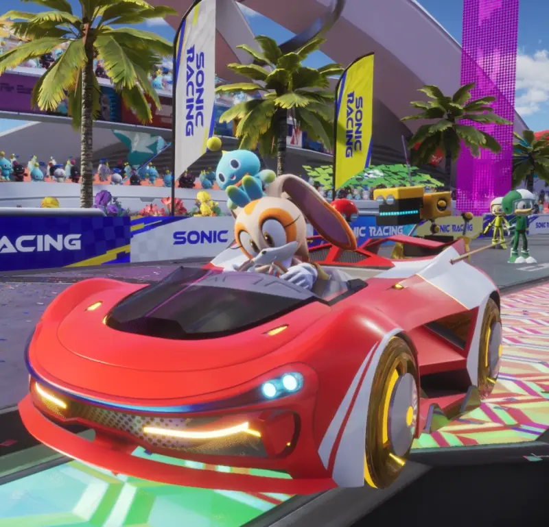 Cream in a red sportscar with a white stripe and gold rims on the wheels, slightly resembling Sonic the Hedgehog’s shoes.