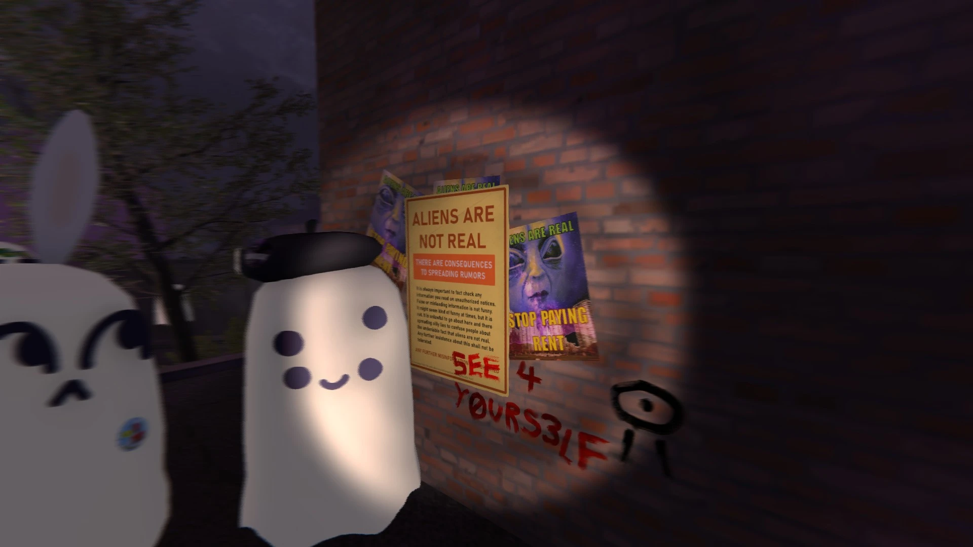 My four-eyed ghost wearing a beret, posing in front of a poster saying “ALIENS ARE REAL, STOP PAYING RENT”, which is plastered over with another poster saying “ALIENS ARE NOT REAL”.